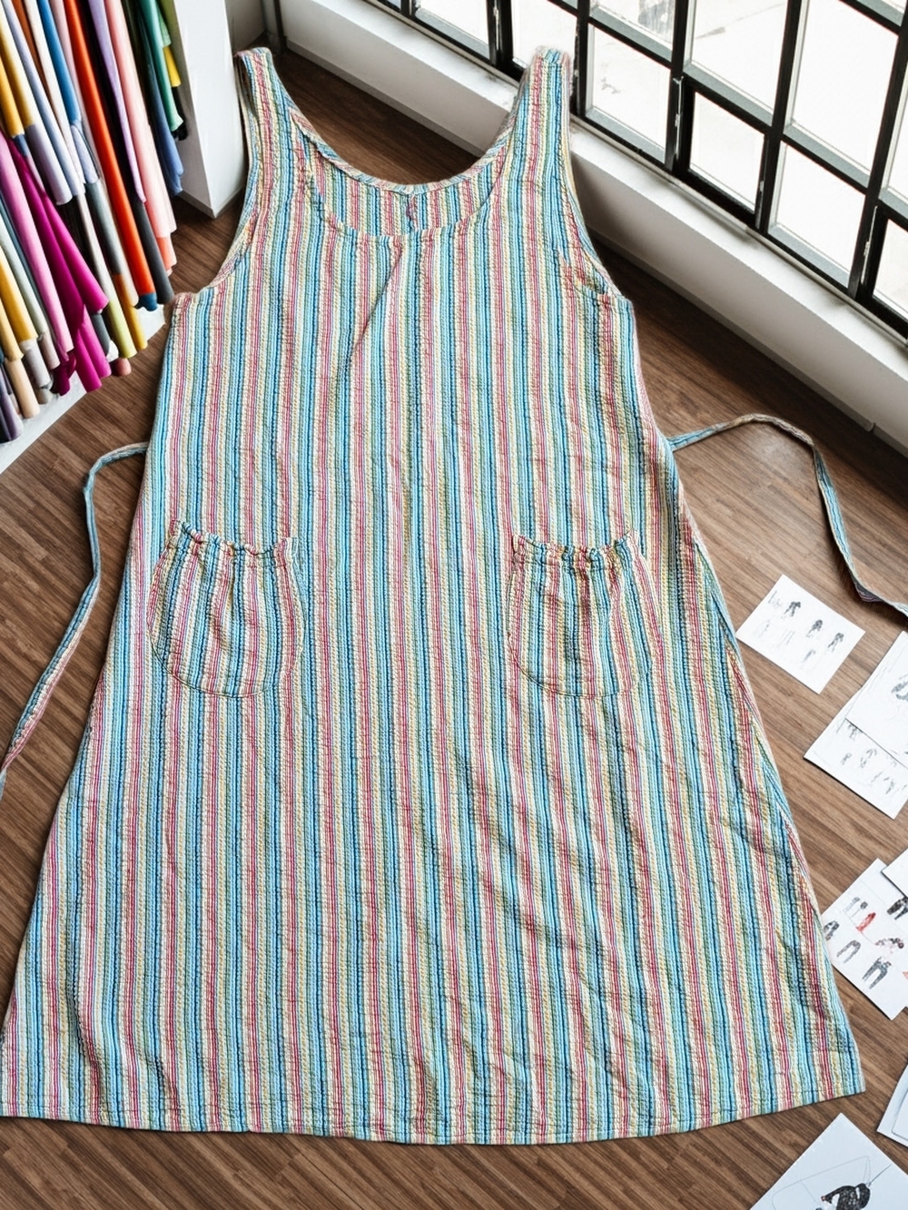 Vintage Colorful Striped A-Line Pinafore Sundress Pockets Cotton Blend Sz M